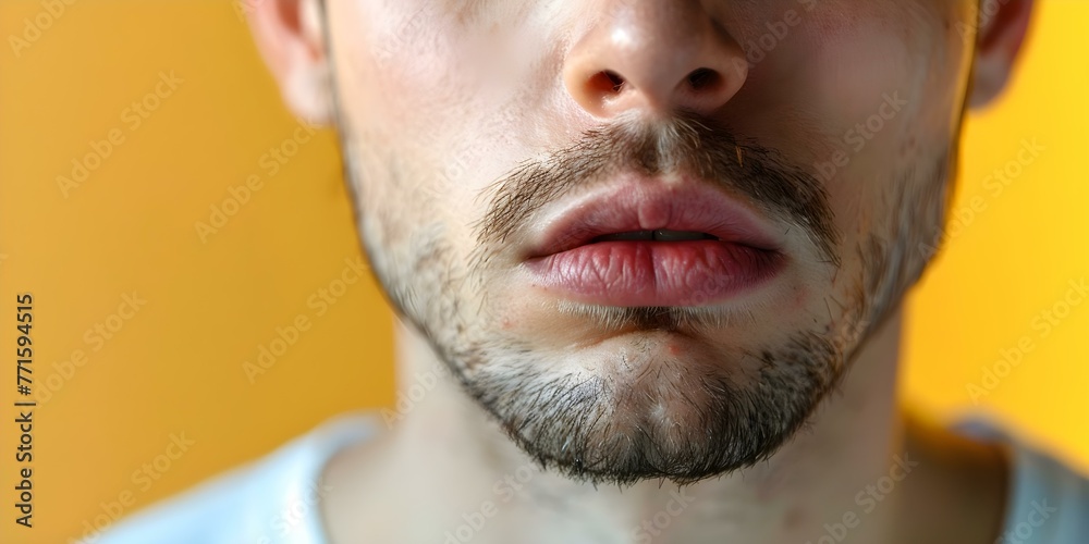 Closeup of a man with a swollen lower lip after a bee sting showing an allergic reaction. Concept Medical Emergency, Bee Sting Allergy, Swollen Lip, Closeup Portrait, Allergic Reaction - obrazy, fototapety, plakaty 