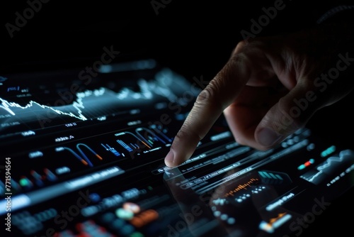 Finger pointing at screen showing stock glowing market charts