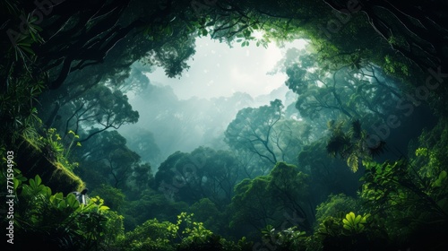 Rainforest canopy from below, corner or top space for text