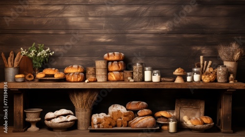 Rustic bakery goods display, side or top space for copy