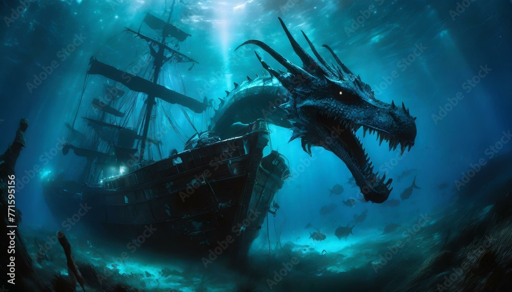 an underwater blue dragon sea creature swimming around a shipwrecked ship Ai Generated - obrazy, fototapety, plakaty 