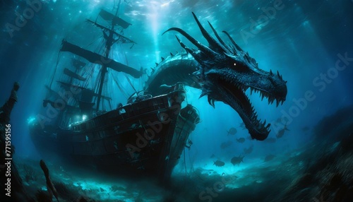 an underwater blue dragon sea creature swimming around a shipwrecked ship Ai Generated photo