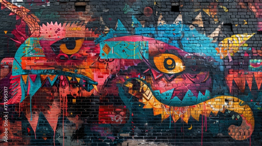 Vibrant street art on an old brick wall, urban creativity
