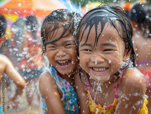 Multinational kids at Songkran, cute expressions, soaked in fun, lively, cheerful atmosphere © Stone Story