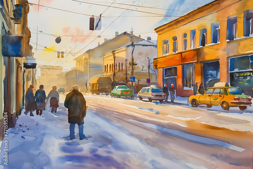 Warm and cold hues merge in this watercolor painting of an active snow-lined city street at the cusp of dawn or dusk.  photo