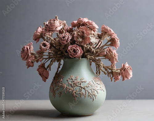 Dried decorative pink flowers in greenish ceramic vase
