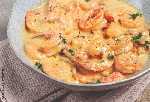 shrimp in creamy garlic sauce, with spices and herbs,