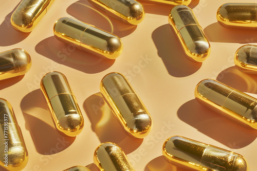 gold capsules on plain yellow studio background with 70s lighting