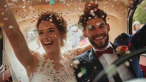 celebrating wedding couple in up car