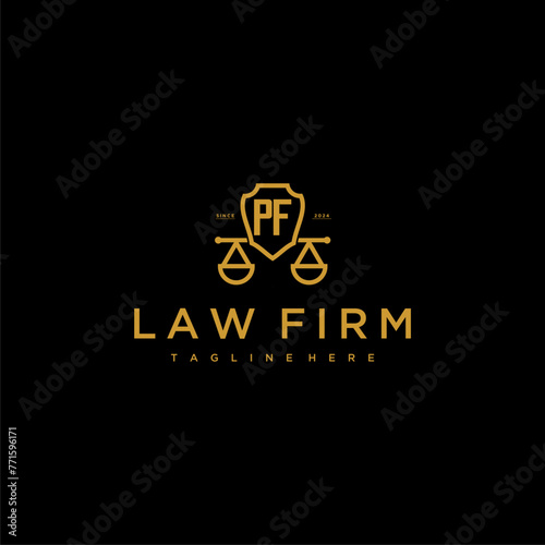 PF initial monogram for lawfirm logo with scales shield image