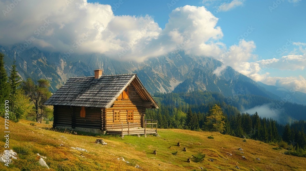 A small wooden house on a hilltop