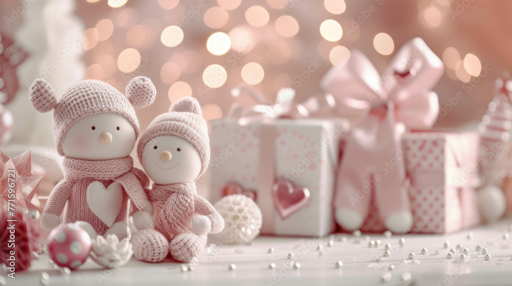 Happy Valentine's Day or christmas gift box with a love couple doll in a pink cozy background Valentine's Day or wedding marketing campaign Happy Valentine's Day or christmas gift box with a love couple doll in a pink cozy background Valentine's Day or wedding marketing campaign