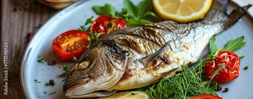 grilled dorada fish served on plate, web banner format