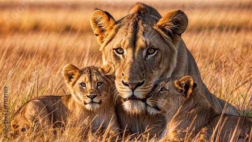 A lion and her two cubs lay in a field of tall brown grass.