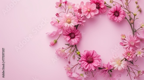 Flowers composition. Wreath made of pink flowers on pink background