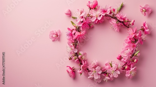 Flowers composition. Wreath made of pink flowers on pink background