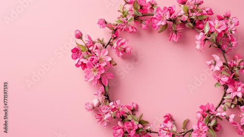 Flowers composition. Wreath made of pink flowers on pink background