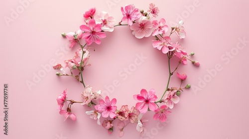 Flowers composition. Wreath made of pink flowers on pink background