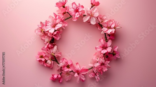 Flowers composition. Wreath made of pink flowers on pink background
