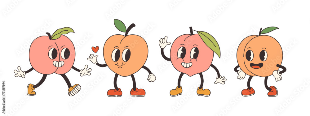 Fototapeta premium Groovy peach set. Hand draw Funny Retro vintage trendy style peach cartoon character. Doodle Comic collection