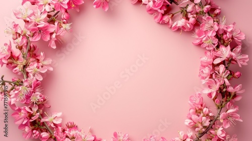 Flowers composition. Wreath made of pink flowers on pink background