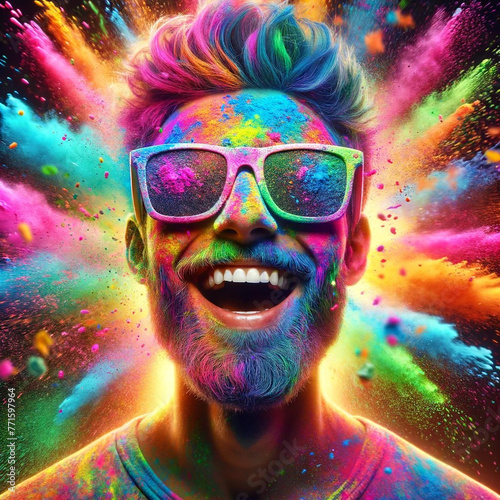 man with sunglasses, in a colorful powder explosion, generative ai © Eduardo