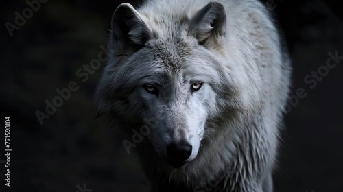 Scary white wolf (Canis lupus), direct eye contact in the dark looking at the camera on a black background