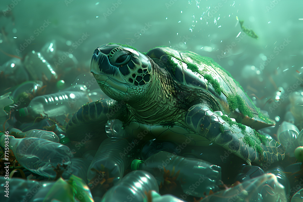 Fototapeta premium Turtle swimming at ocean underwater trough plastic bottles trash and garbage. Plastic environmental pollution concept. 