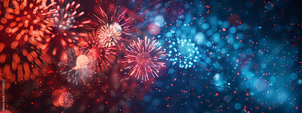 Fototapeta premium Vibrant Fireworks Display in Red and Blue Hues