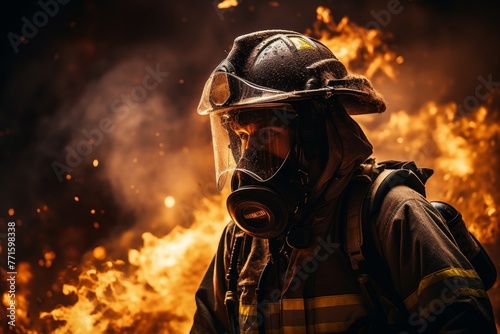 a firefighter in full gear wielding a hose to combat a blaze, with the focus on the firefighter amidst billowing flames and smoke.