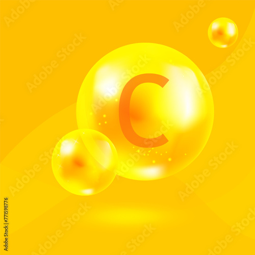 Vitamin C gold shining pill capcule icon. Ascorbic acid. Shining golden substance drop. Vector illustration photo