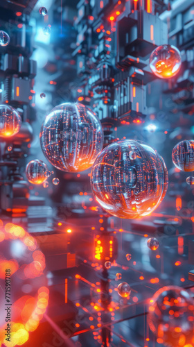 Glowing spheres in futuristic digital environment
