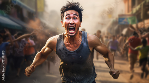 screaming man running in the streets 