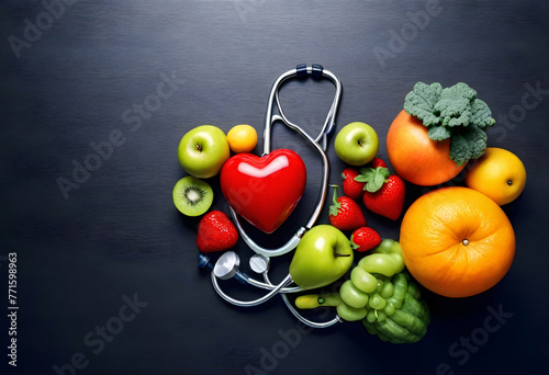 a heart shaped stethoscope is surrounded by fruits and vegetables photo