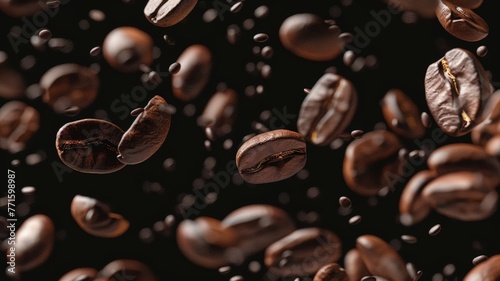 Numerous coffee beans falling through the air in a chaotic motion