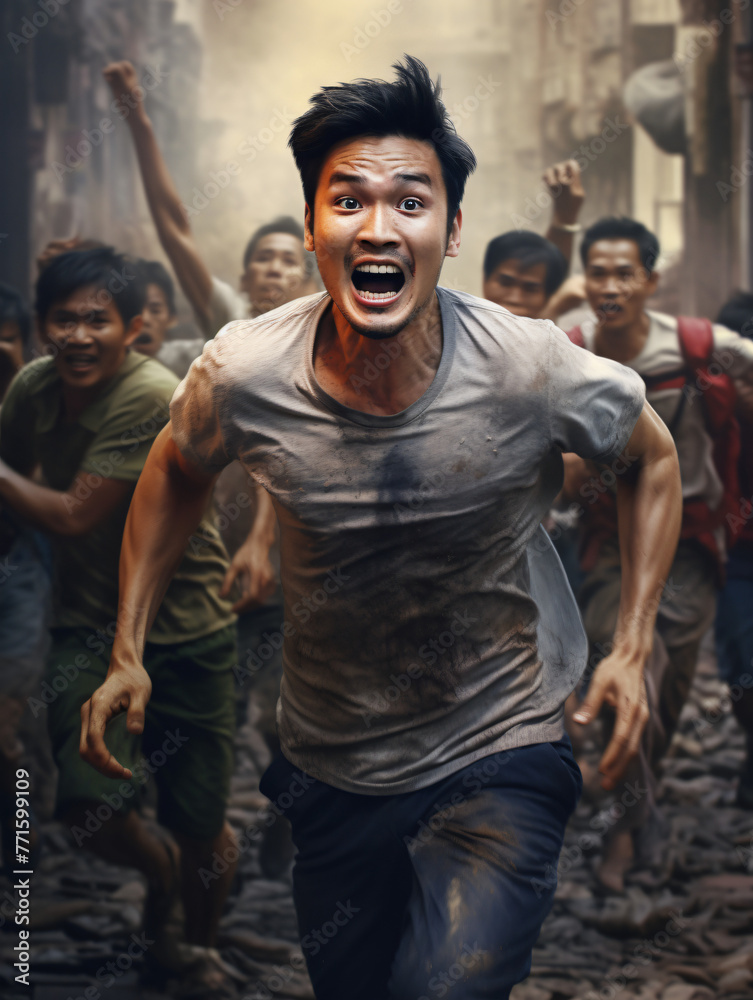 screaming man running in the streets 