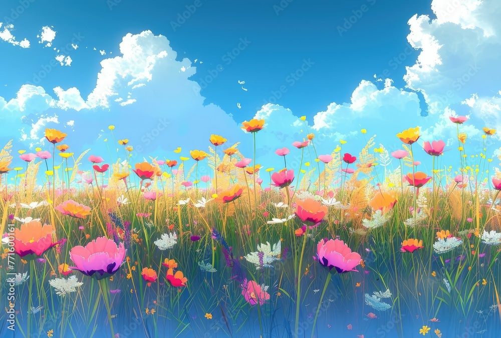 A lush meadow filled with vivid pink, yellow, and red flowers against a clear blue sky with fluffy clouds.