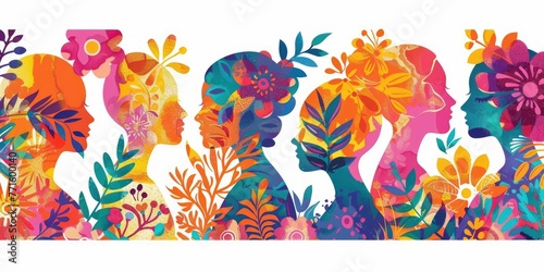 Colorful illustration of women's profiles adorned with vibrant floral patterns, representing diversity and femininity.