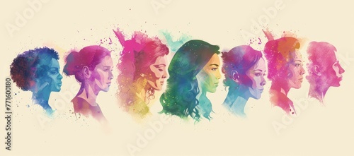 A sequence of female profiles in a gradient of watercolor hues symbolizing diversity and the spectrum of humanity. photo