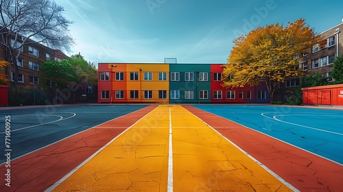 Highlight the crisp lines and vibrant colors of a freshly painted basketball court, awaiting the thunderous footsteps of players. photo