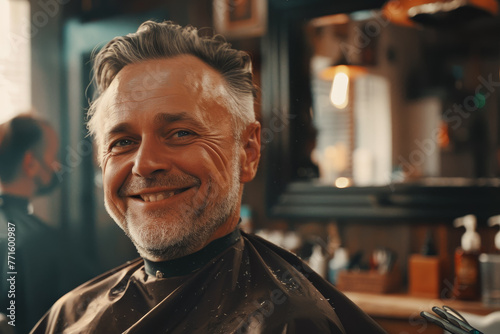 A man with a bald head and gray hair is smiling in a barbershop