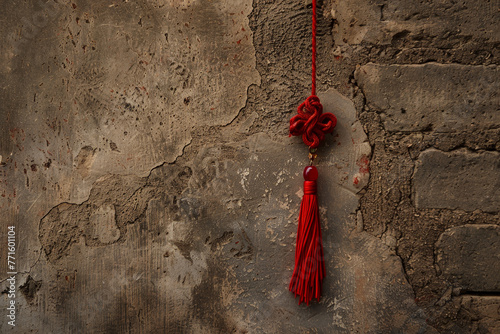 A red tassel hangs from a wall