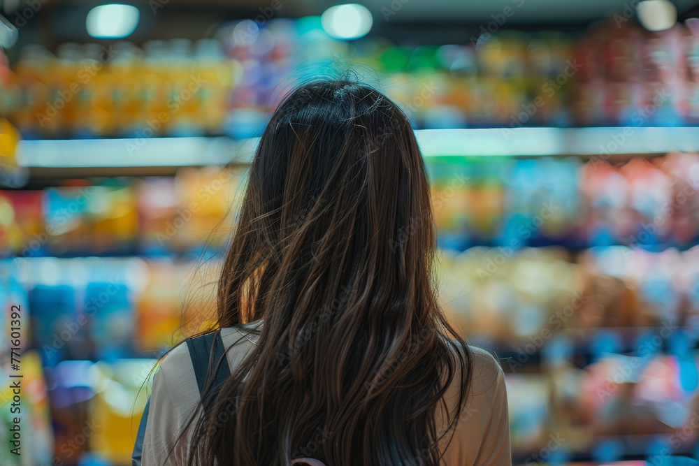 A woman with long hair is looking at a shelf full of snacks