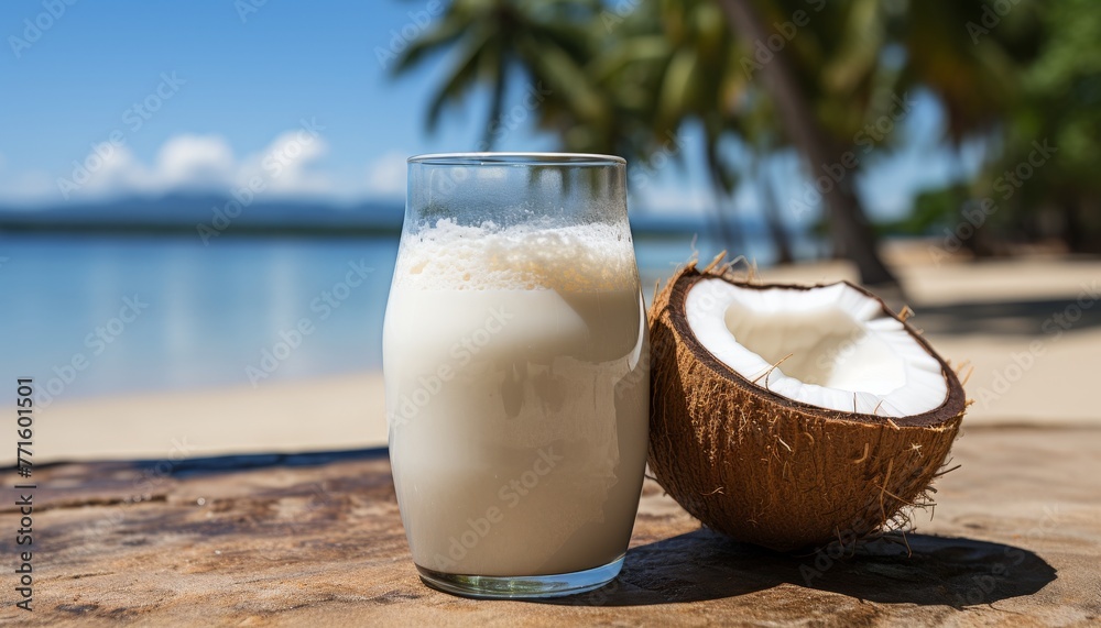 A tropical cocktail and a cracked coconut with juice on a paradise island background, with space for text. A tropical cocktail and a cracked coconut with juice on a paradise island background, with space for text.