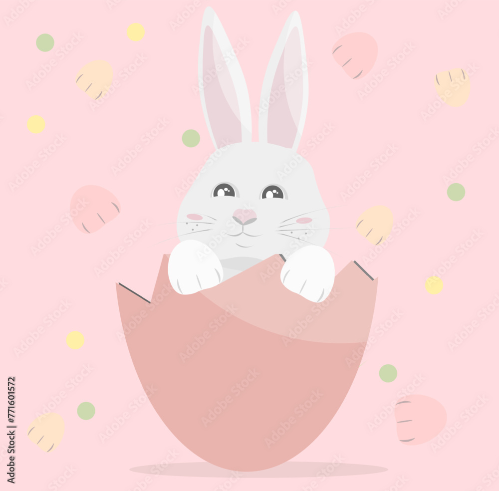 Easter white bunny in a pink shell from a chicken egg. Pink background with elements such as paws, circles. Vector illustration, isolated. Easter white bunny in a pink shell from a chicken egg. Pink background with elements such as paws, circles. Vector illustration, isolated.