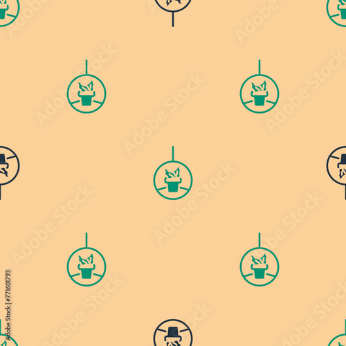 Green and black Plant in hanging pot icon isolated seamless pattern on beige background. Decorative macrame handmade hangers for flower pot, hang indoor plants. Vector