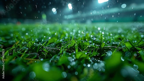 Highlight the texture of the grass as it bears the imprints of cleats during a tense penalty shootout on a dewy evening.
