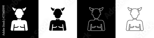 Set Krampus, heck icon isolated on black and white background. Horned devil. Traditional Christmas devil. Happy Halloween party. Vector