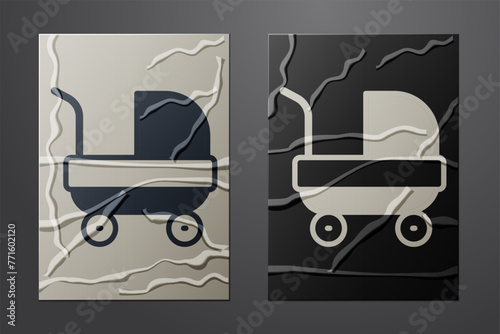 White Baby stroller icon isolated on crumpled paper background. Baby carriage, buggy, pram, stroller, wheel. Paper art style. Vector