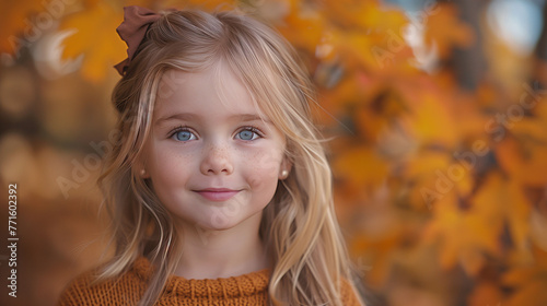 Portrait of girl with blue eyes in autumnal setting, with blurred orange leaves in background.